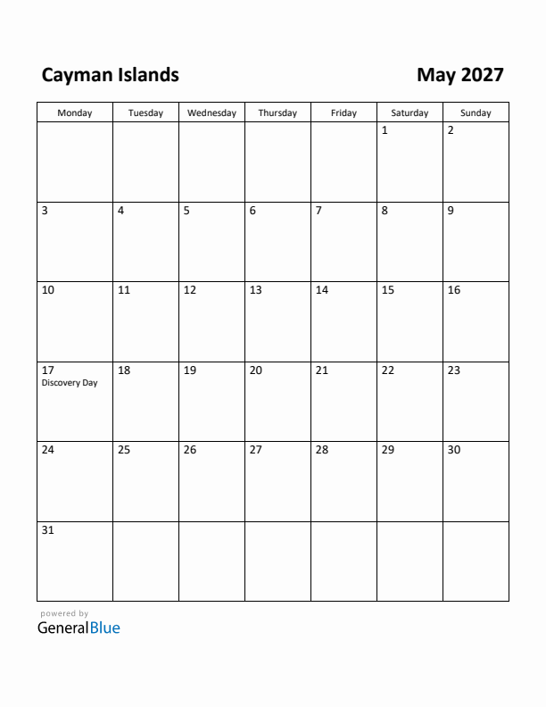 May 2027 Calendar with Cayman Islands Holidays