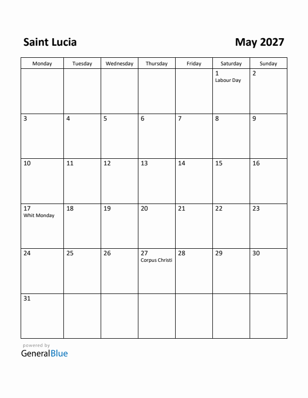 May 2027 Calendar with Saint Lucia Holidays