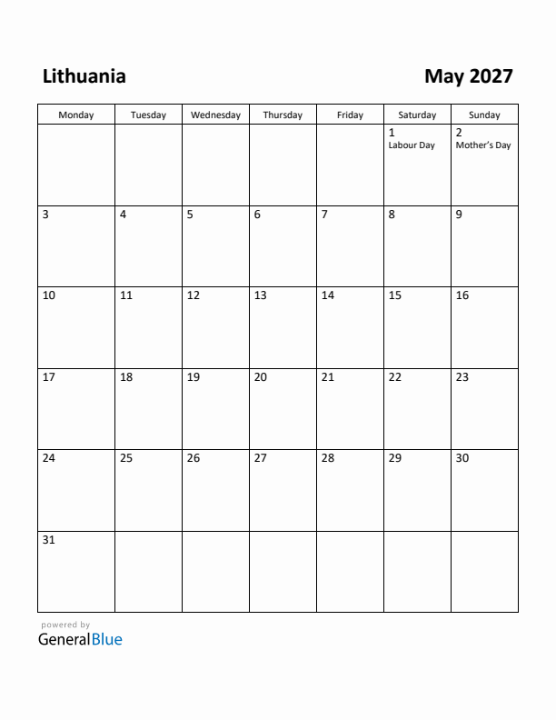 May 2027 Calendar with Lithuania Holidays
