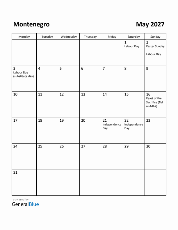 May 2027 Calendar with Montenegro Holidays