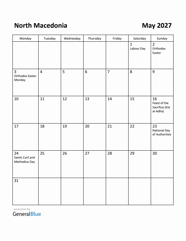 May 2027 Calendar with North Macedonia Holidays