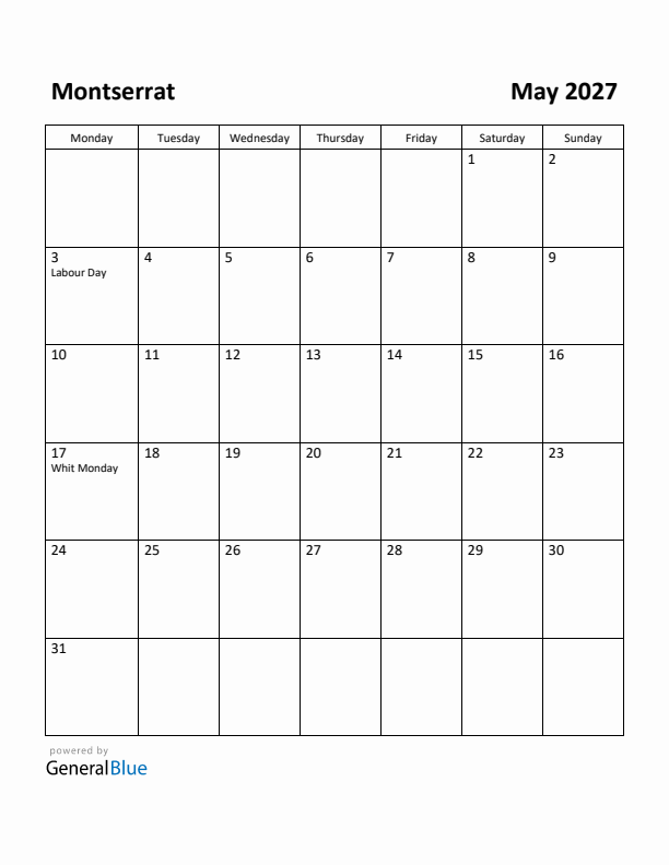 May 2027 Calendar with Montserrat Holidays