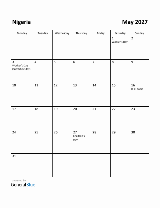 May 2027 Calendar with Nigeria Holidays