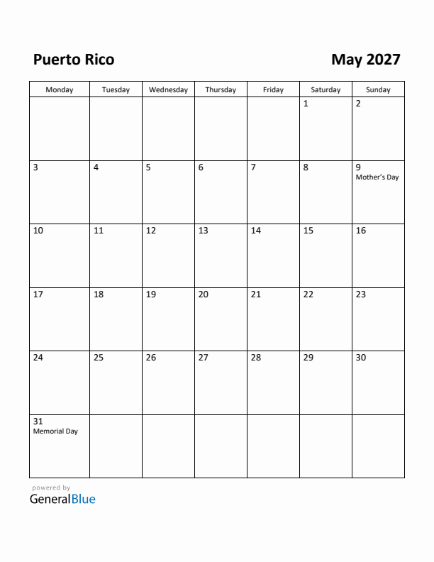 May 2027 Calendar with Puerto Rico Holidays