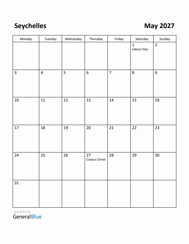 May 2027 Calendar with Seychelles Holidays