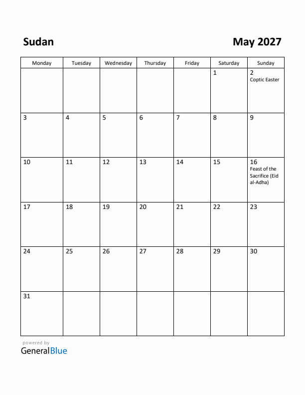 May 2027 Calendar with Sudan Holidays