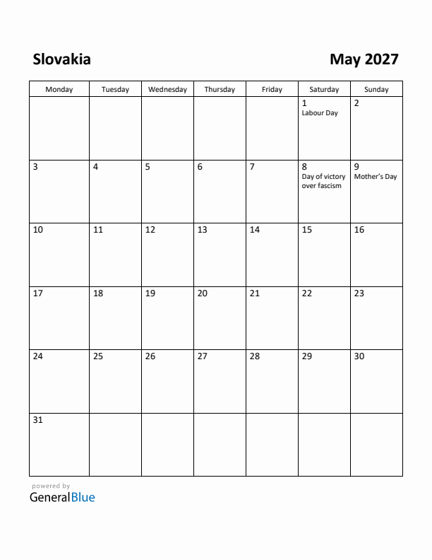 May 2027 Calendar with Slovakia Holidays