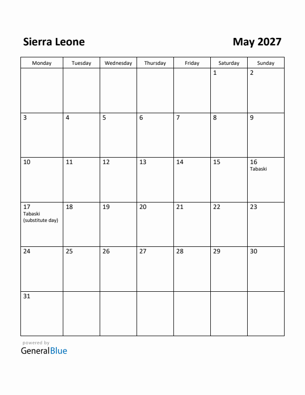 May 2027 Calendar with Sierra Leone Holidays