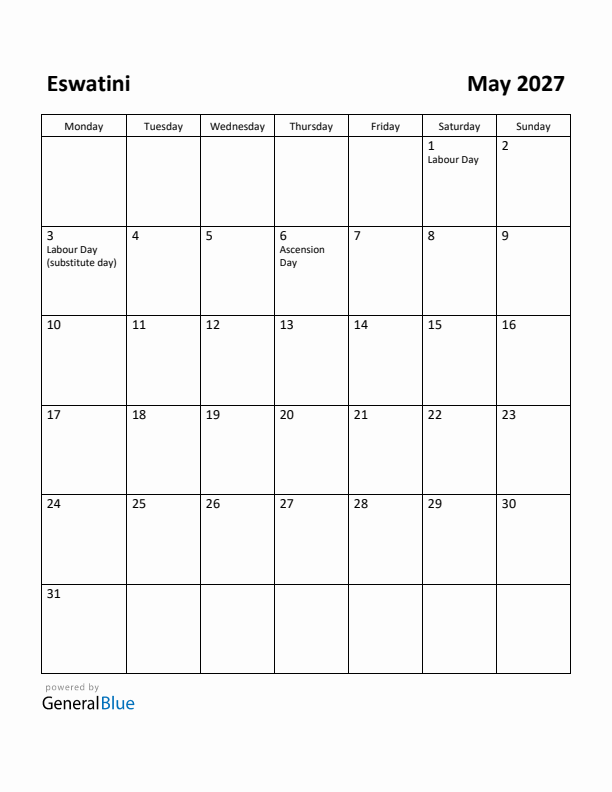 May 2027 Calendar with Eswatini Holidays