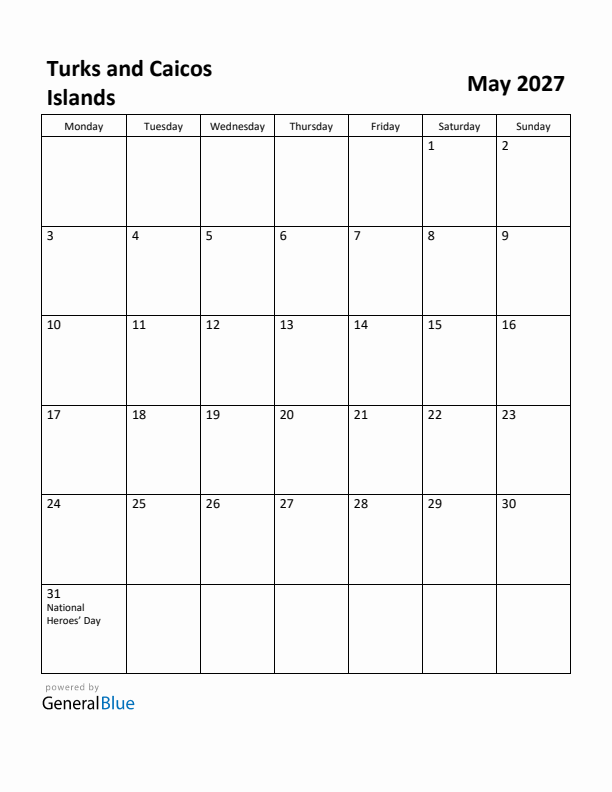 May 2027 Calendar with Turks and Caicos Islands Holidays