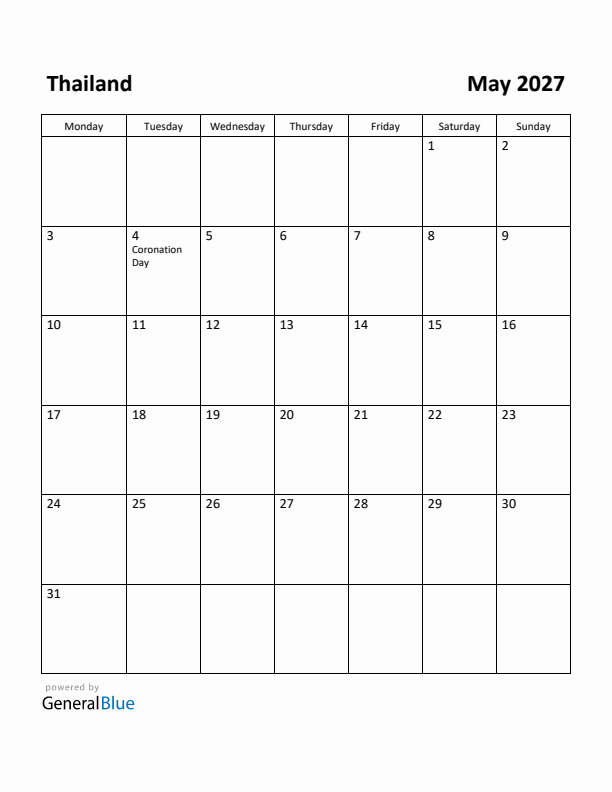 May 2027 Calendar with Thailand Holidays