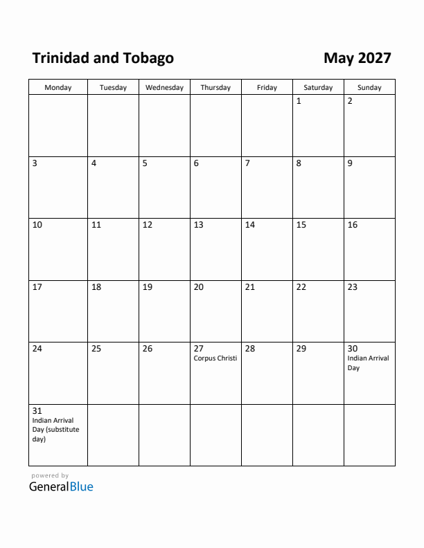 May 2027 Calendar with Trinidad and Tobago Holidays