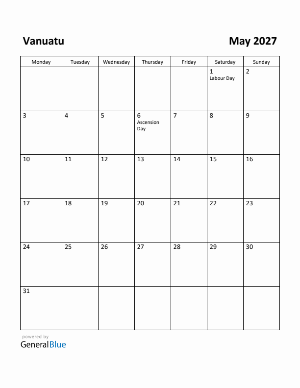 May 2027 Calendar with Vanuatu Holidays