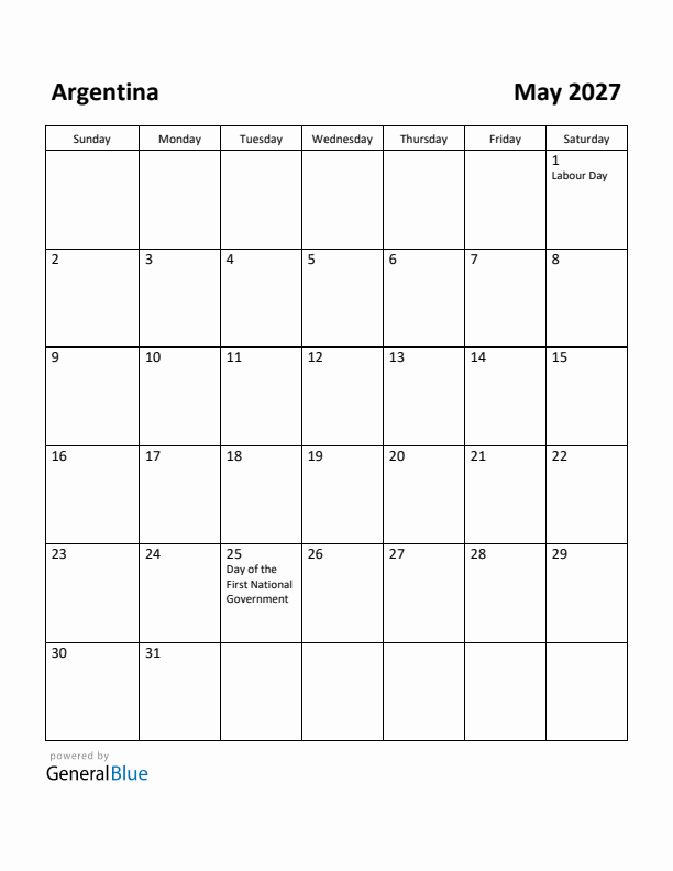 May 2027 Calendar with Argentina Holidays