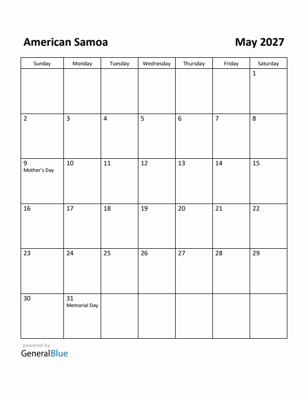 May 2027 Calendar with American Samoa Holidays