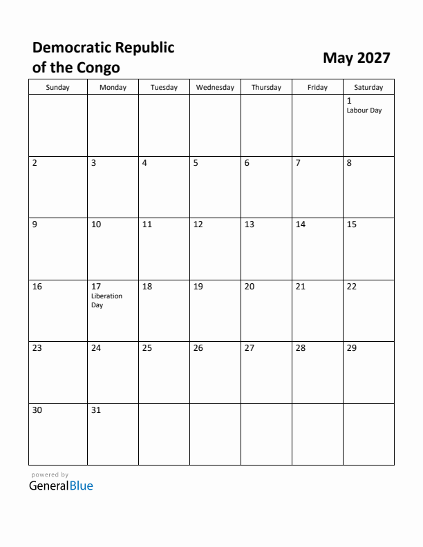 May 2027 Calendar with Democratic Republic of the Congo Holidays