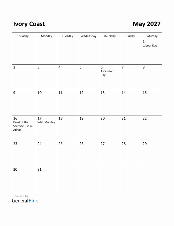 May 2027 Calendar with Ivory Coast Holidays