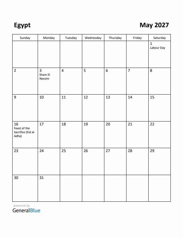 May 2027 Calendar with Egypt Holidays