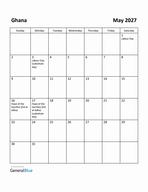 May 2027 Calendar with Ghana Holidays