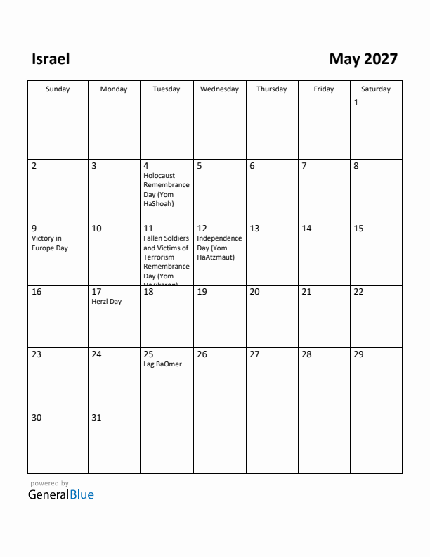 May 2027 Calendar with Israel Holidays