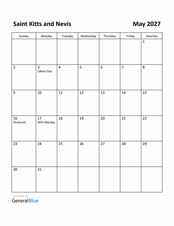 May 2027 Calendar with Saint Kitts and Nevis Holidays