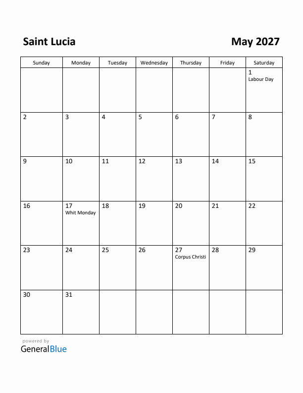 May 2027 Calendar with Saint Lucia Holidays