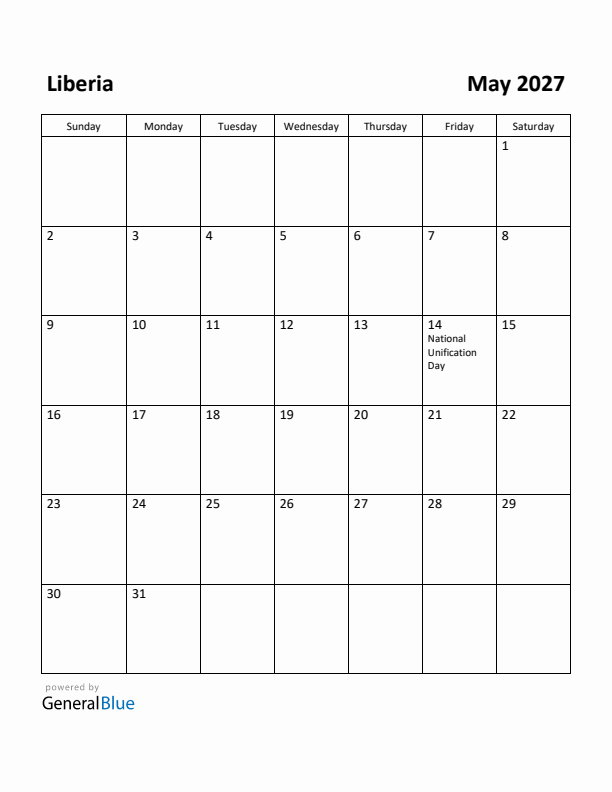 May 2027 Calendar with Liberia Holidays