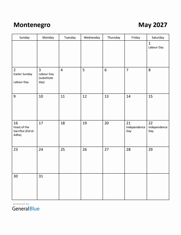 May 2027 Calendar with Montenegro Holidays