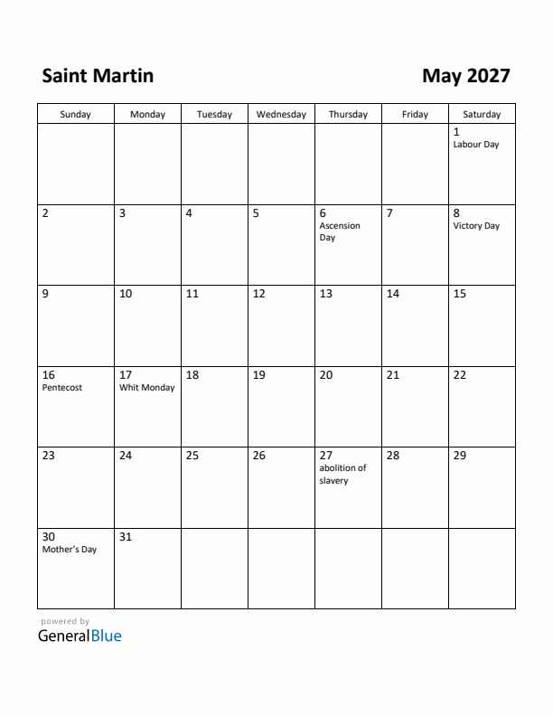 May 2027 Calendar with Saint Martin Holidays