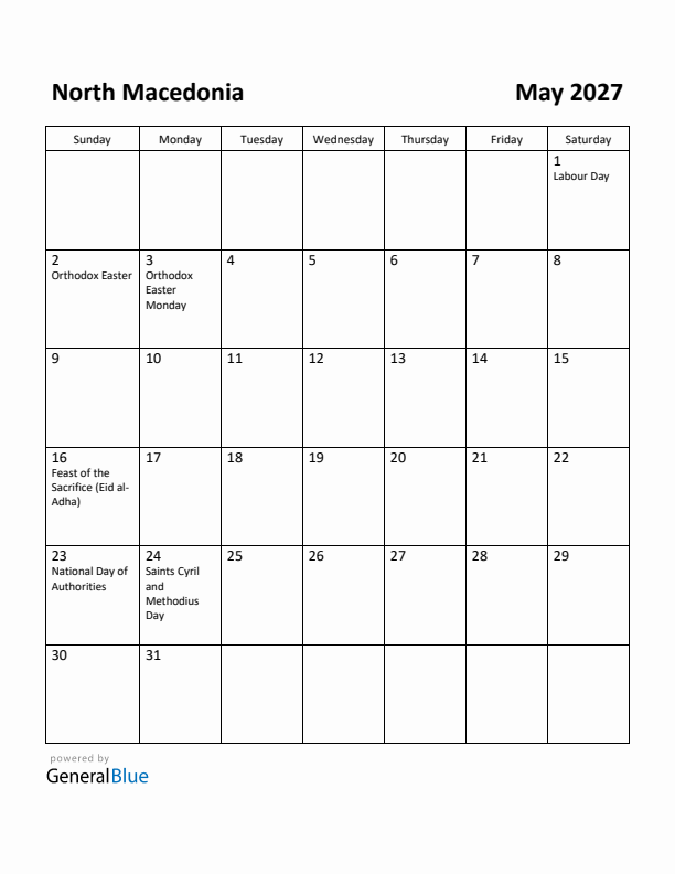 May 2027 Calendar with North Macedonia Holidays