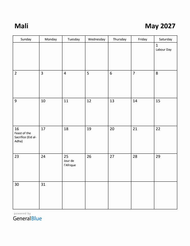 May 2027 Calendar with Mali Holidays