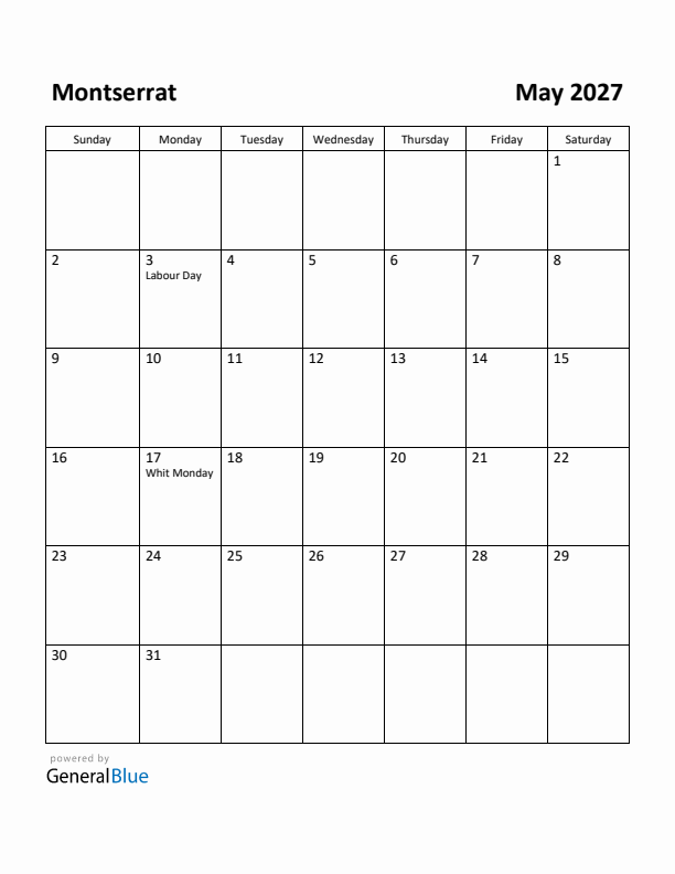 May 2027 Calendar with Montserrat Holidays