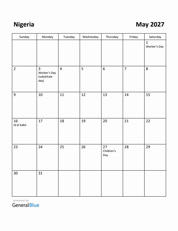 May 2027 Calendar with Nigeria Holidays