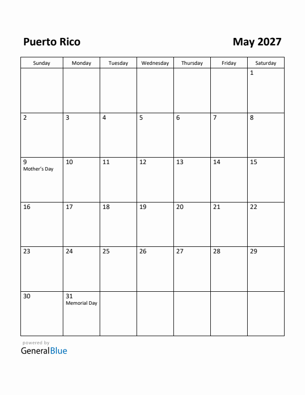 May 2027 Calendar with Puerto Rico Holidays