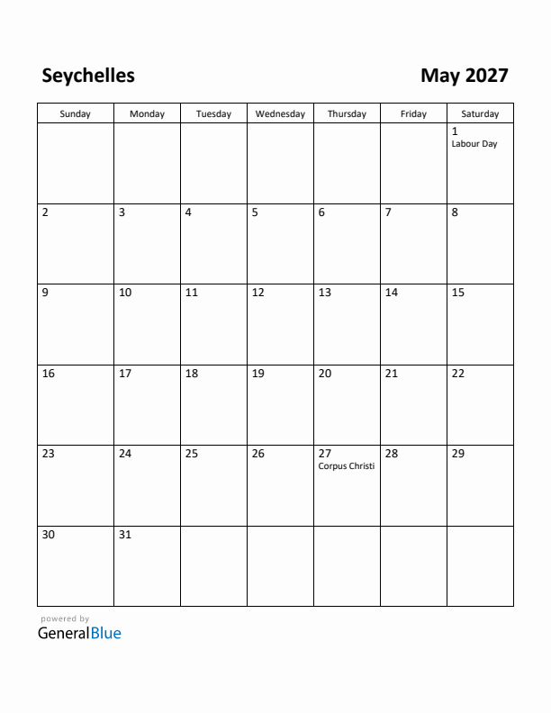 May 2027 Calendar with Seychelles Holidays