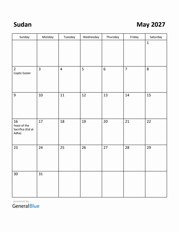 May 2027 Calendar with Sudan Holidays