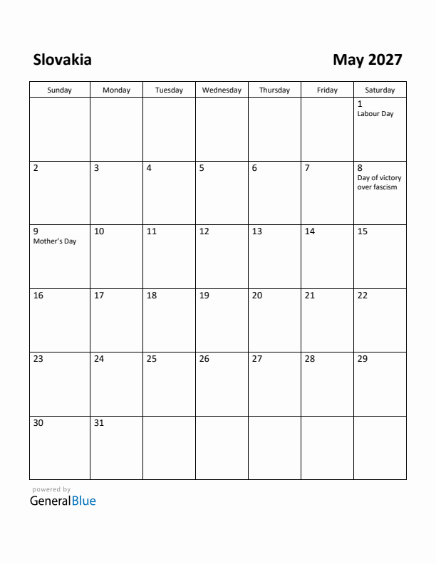 May 2027 Calendar with Slovakia Holidays