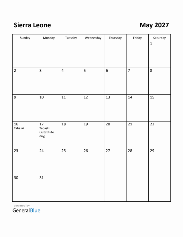 May 2027 Calendar with Sierra Leone Holidays