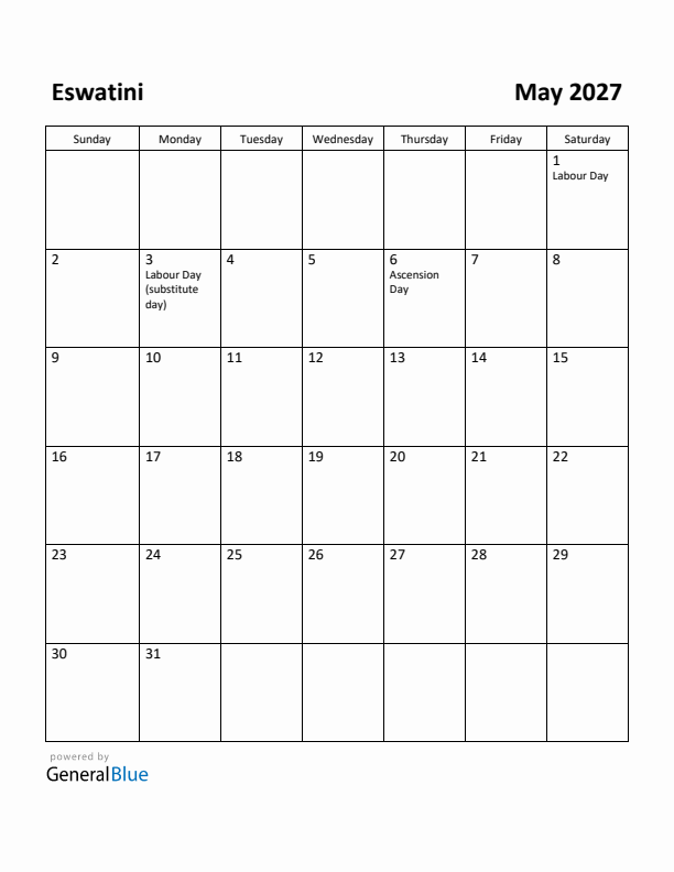 May 2027 Calendar with Eswatini Holidays