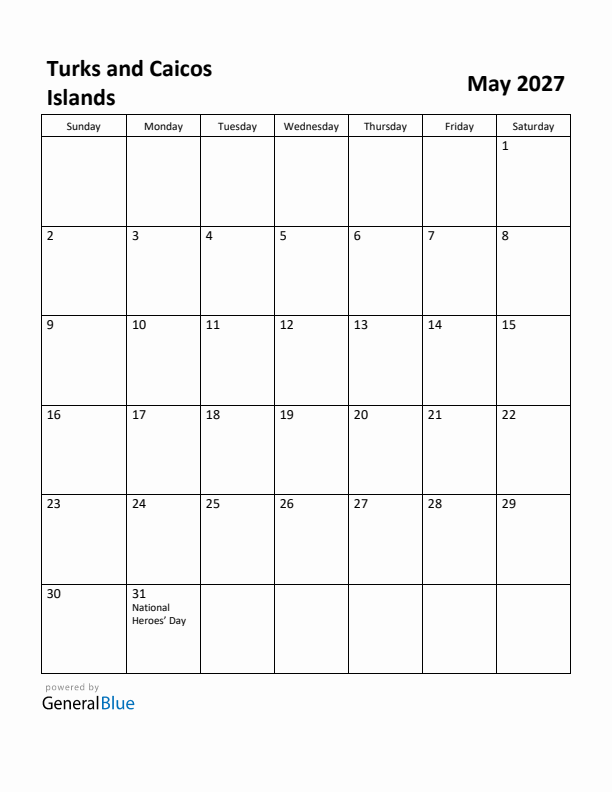 May 2027 Calendar with Turks and Caicos Islands Holidays