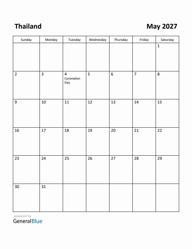 May 2027 Calendar with Thailand Holidays