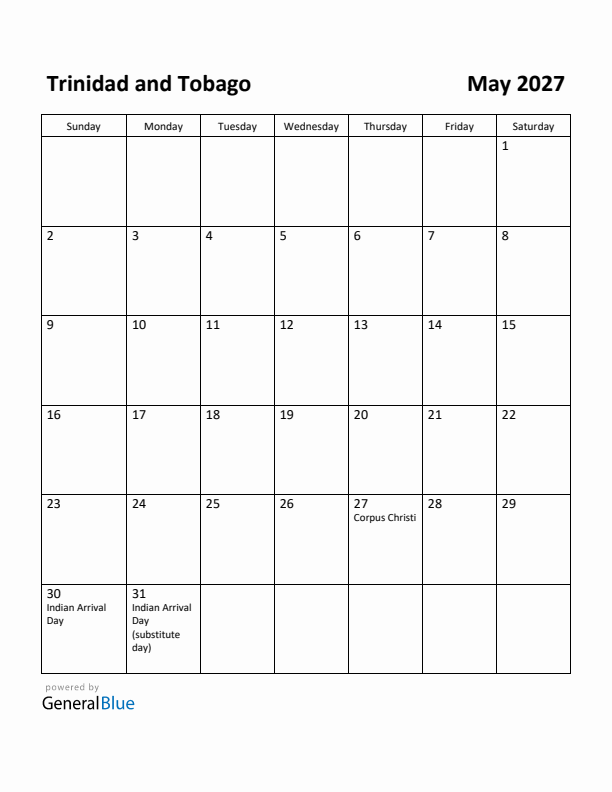 May 2027 Calendar with Trinidad and Tobago Holidays