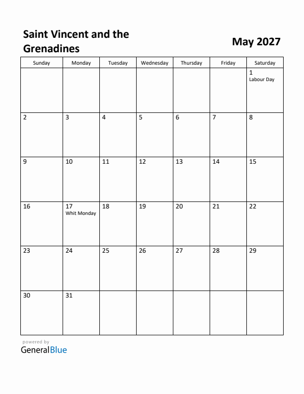 May 2027 Calendar with Saint Vincent and the Grenadines Holidays