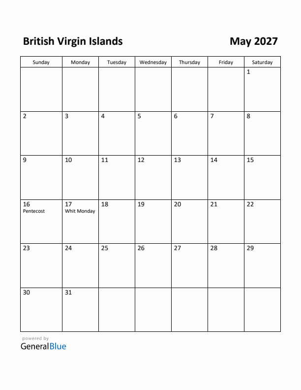 May 2027 Calendar with British Virgin Islands Holidays