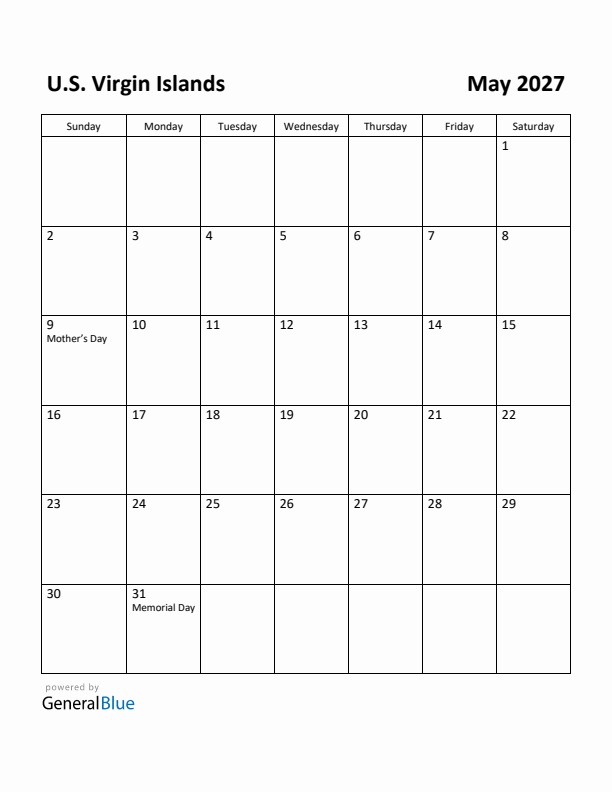 May 2027 Calendar with U.S. Virgin Islands Holidays