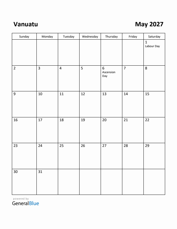 May 2027 Calendar with Vanuatu Holidays