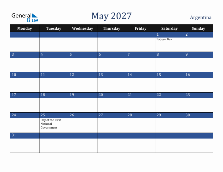 May 2027 Argentina Calendar (Monday Start)