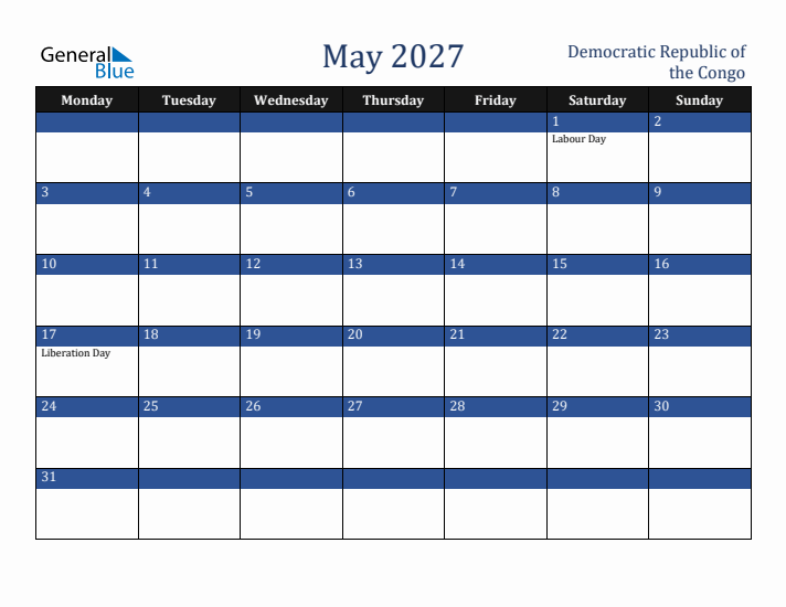 May 2027 Democratic Republic of the Congo Calendar (Monday Start)
