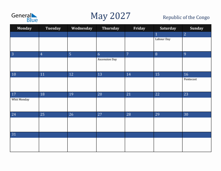 May 2027 Republic of the Congo Calendar (Monday Start)