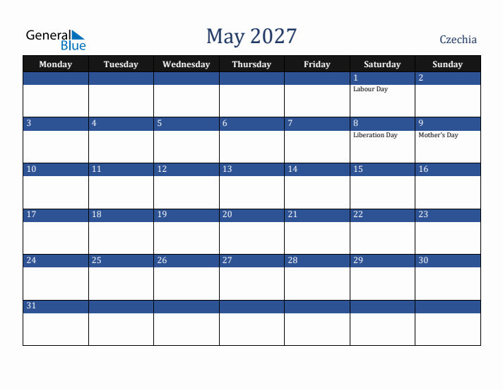 May 2027 Czechia Calendar (Monday Start)